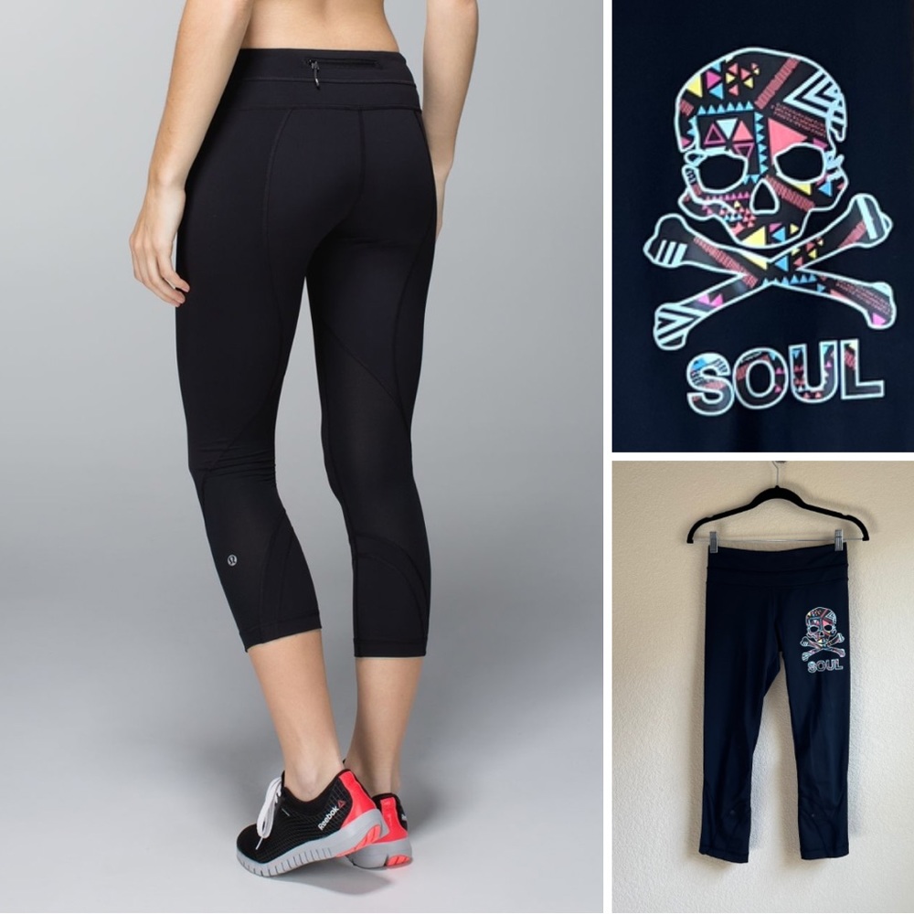 Lululemon Run Inspire II Soulcycle Skull Print Cropped Leggings, size 4